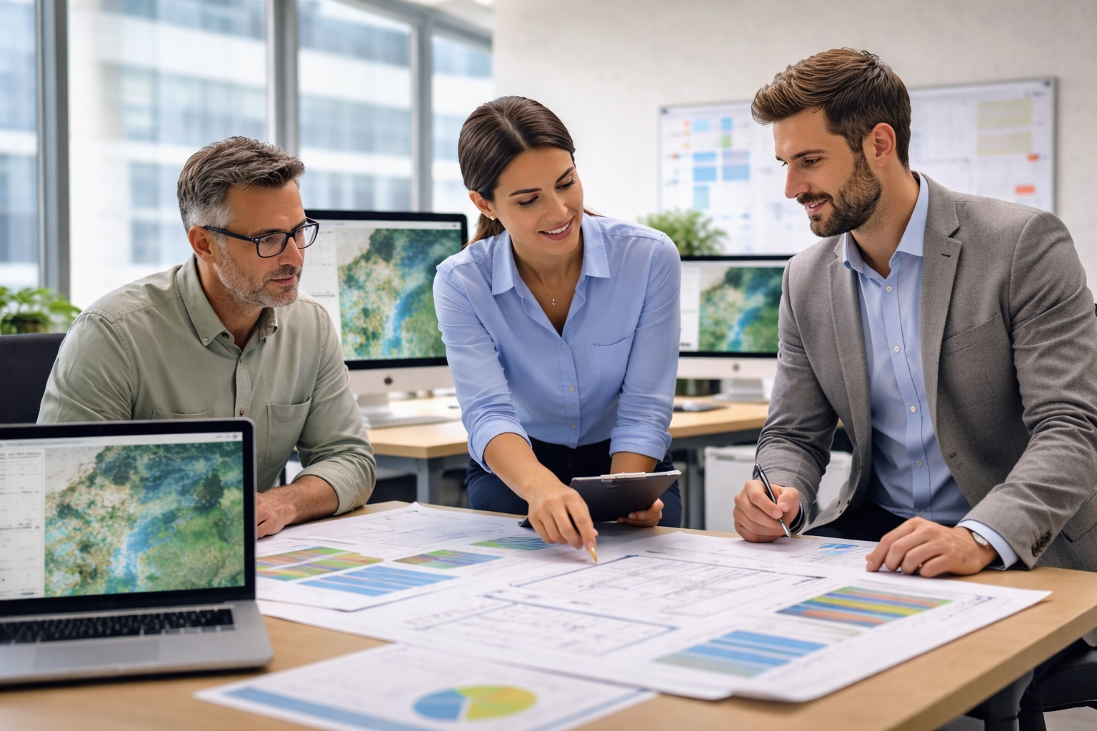 Equipe técnica de engenharia ambiental reunida em escritório corporativo, analisando projetos e relatórios sobre uma mesa. Três profissionais discutem plantas técnicas e dados exibidos em telas com mapas geoespaciais, representando atividades de assessoria e licenciamento ambiental.